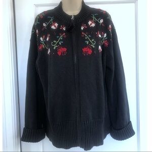 Vtg Black Floral Embroidered Christmas Cardigan